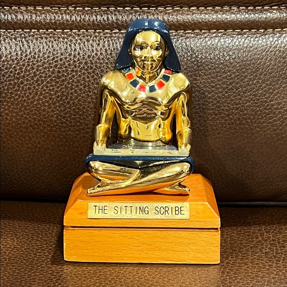 Egyptian Unique Statue Gold and Blue Sitting Scribe Figurine with Wood Base NWOT